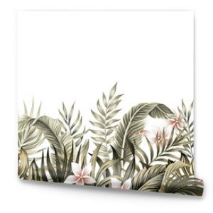 Tropical vintage botanical palm leaves, banana leaves, plant floral, plumeria flower seamless border white background. Exotic green jungle wallpaper.