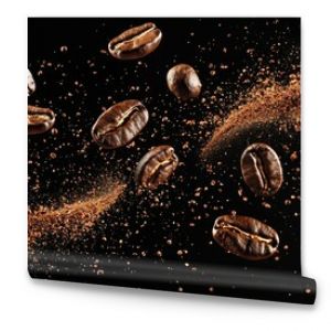 Dynamic coffee beans in mid-air with swirling ground coffee on a black background capturing energy motion and the essence of fresh brew