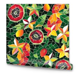 A colorful mosaic pattern of tropical fruits like guava, starfruit, and papaya, arranged in a dynamic, repeating design on a dark green background