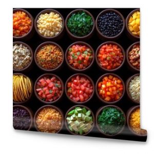 colorful spices, legumes, and foods in small bowls on a black surface