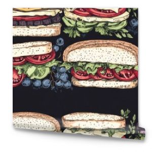 Seamless hand drawn pattern of sandwich borders featuring various ingredients perfect for culinary design and packaging