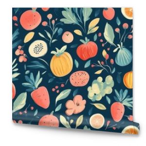 A vibrant floral pattern featuring assorted fruits and foliage against a dark background, ideal for textile and wallpaper designs.