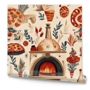 A repeating design of vintage-style pizza ovens, dough, and toppings like pepperoni and mozzarella, arranged in an artistic retro pattern with warm, inviting colors."