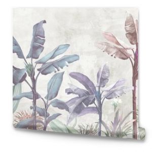 Tropical trees wallpaper design, banana leaf, landscape, pastel tones, mural art.