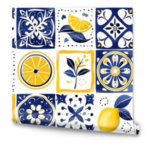 A seamless pattern of hand-painted ceramic tiles featuring lemons and Mediterranean motifs.