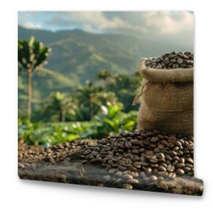 Coffee bean bag in focus. A high-quality photo of a coffee bean bag with a blurred coffee plantation background.