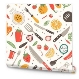 Flat design of kitchen utensils and food items in a seamless pattern, ideal for culinary themes.