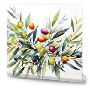 Watercolor painting of olive branches with green, purple, and orange olives.