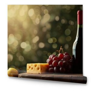 Elegant still life with wine bottle, cheese, grapes, and fruit on wooden board in natural light.