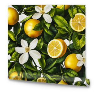 Seamless botanical pattern featuring vibrant yellow lemons with rich green leaves and delicate white blossoms, ideal for fabric prints, wallpaper, and home decor designs