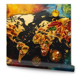 background with a world food map, showcasing different cuisines represented by their respective countries, in a colourful, layout