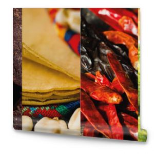 Mexican food: Collage of typical dishes of Mexico including tacos, guacamole, chocolate, birria, chili, tortilla and bacalao a la vizcaina