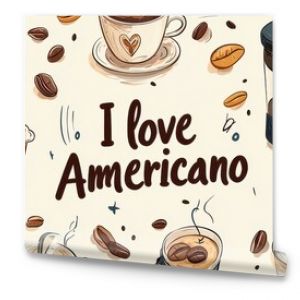 Seamless pattern featuring coffee cups, beans, and the phrase 'I love Americano' in an artistic style