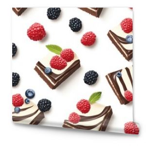 Seamless pattern featuring slices of chocolate cake topped with fresh berries on a clean white background perfect for designs and culinary themes