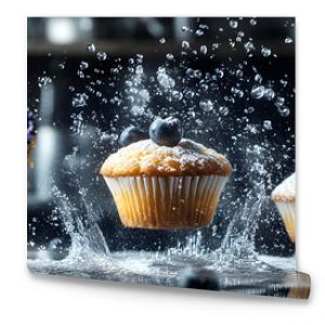 A Close-up of a Blueberry Muffin Suspended in Mid-Air, Surrounded by Water Droplets and Powdered Sugar, with a Blurred Background of a Kitchen