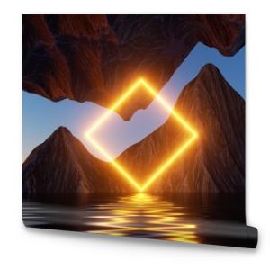 3d rendering, seascape with cliffs, water and yellow neon square geometric shape. Modern minimal abstract background. Spiritual zen wallpaper with sunset or sunrise light