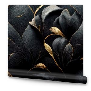 Black and gold, luxury background, floral shapes, black silk texture with golden motifs, 4k abstract luxurious design, 3D render, 3D illustration