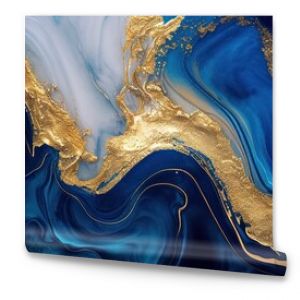 Abstract blue marble texture with gold splashes, blue luxury background