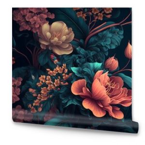 Dark floral background wallpaper design with multicolor flowers and leaves