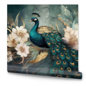 modern interior mural painting wall art decor abstraction wallpaper with white, dark green and golden tropical palm leaf branches and flowers with feathers peacock bird 