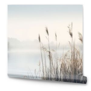 Beautiful serene nature scene with river reeds fog and water