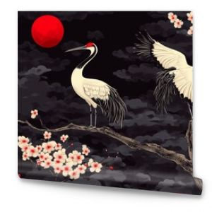 Oriental ornament with cranes and decorative elements of bonsai and cherry blossoms.