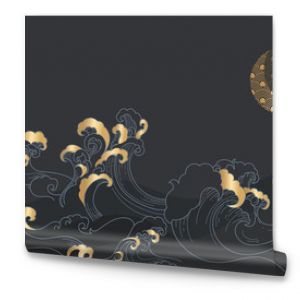 vector illustration of an abstract background Japanese  golden wave in dark night with half moon 