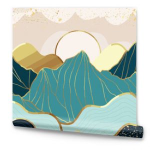 Gold mountain wallpaper design with landscape line arts, Golden luxury background design for cover, invitation background, packaging design, wall arts, fabric, and print. Vector illustration.