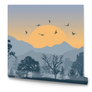 Beautiful forest on background of mountains and sunset and flying birds, silhouettes. Vector illustration