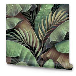 Tropical seamless pattern with beautiful palm, banana leaves. Hand-drawn vintage 3D illustration. Glamorous exotic abstract background design. Good for luxury wallpapers, cloth, fabric printing, goods