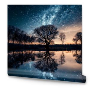 starry sky, with trees Silhouette in the horizon