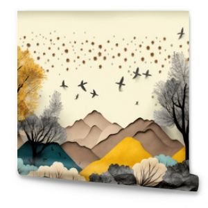 Brown trees with golden flowers and turquoise, black and gray mountains in light yellow background with white clouds and birds. 3d illustration wallpaper landscape art