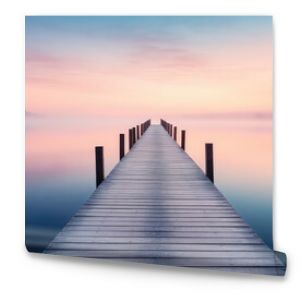 A straight flat simplistic rectangular lake dock, beautiful sunrise, foggy, calm water. Nature relax wallpaper.