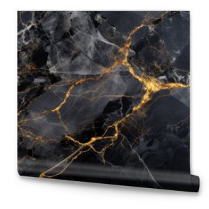 Black marble texture background, wide banner with pattern of gold line in dark rock. Abstract luxury marbled structure close-up. Concept of art, design, stone and wallpaper