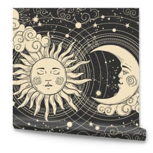 Magical banner for astrology, celestial alchemy. Heavenly art for the zodiac, tarot, device of the universe, crescent moon with a face, clouds, sun with the moon on a black background. Esoteric vector