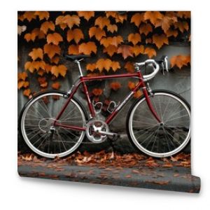 Rustic Bicycle Against Brick Wall With Autumn Leaves