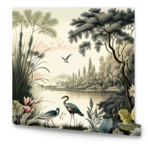 Vintage wallpaper featuring a forest landscape with lake, vegetation, trees, birds and herons.