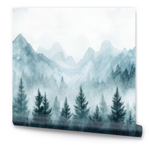 Watercolor of landscape forest misty mountains horizon and fog and hills,pine tree fir tree,Autumn forest background,drawn by hand,Autumn illustration design elements for landscape,wallpaper.