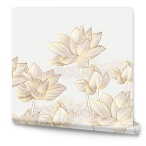 Luxury wallpaper design with Golden lotus and natural background. Lotus line arts design for wall arts, fabric, prints and background texture, Vector illustration.