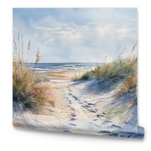 Realistic Sea beach background in watercolor style pink, blue beige pastel color, muted tones. Painting of sand dunes, path with foot step & sea. Sea side art banner with copy space.