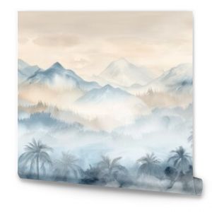 Serene watercolor landscape of misty mountains and palm trees with soft, muted tones, creating a peaceful and tranquil scene.