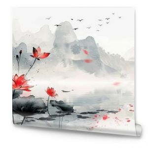 Red Lotus Flowers Blossom in a Misty Mountain Landscape