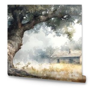 Hidden house under a large fallen tree, roots exposed, aftermath of a storm, watercolor style, soft edges, muted palette, serene yet haunting atmosphere