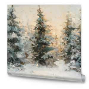 Serene winter landscape featuring fir trees dusted with snow in soft greens and warm golden lights