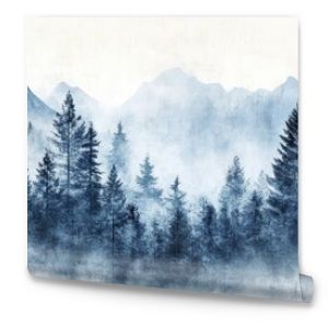 Serene mountain landscape painting, foggy forest and misty peaks misty