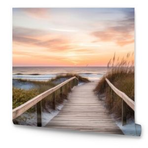 Empty wooden walkway on the ocean coast in the sunset time, pathway to beach, Generative AI illustration