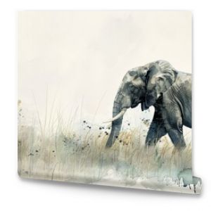 Watercolor Illustration of an Elephant Walking. Quiet Grassland Setting.