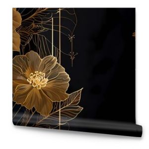 An elegant and luxurious illustration featuring a background with gold flowers made of thin golden lines on a dark background, creating a delicate floral texture. This illustration exudes opulence and