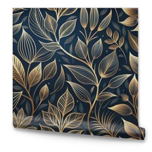 Elegant floral organic texture wallpaper illustration featuring intricate gold line art leaves on a dark, mysterious background with a seamless repeating pattern.