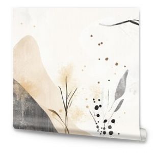 Abstract botanical design features delicate plants and organic shapes in muted colors on a textured background